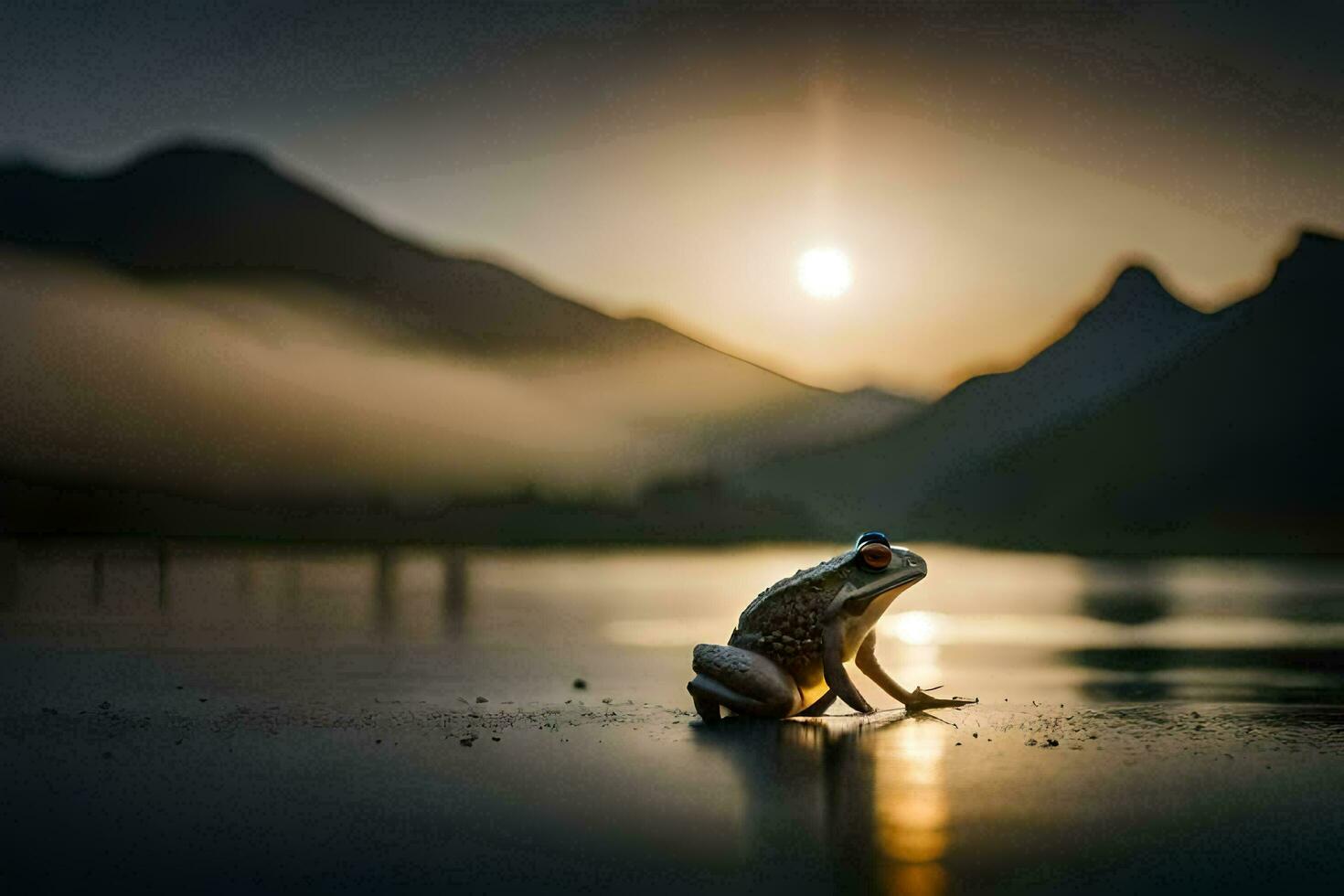 a frog sitting on the shore of a lake at sunset. AI-Generated photo