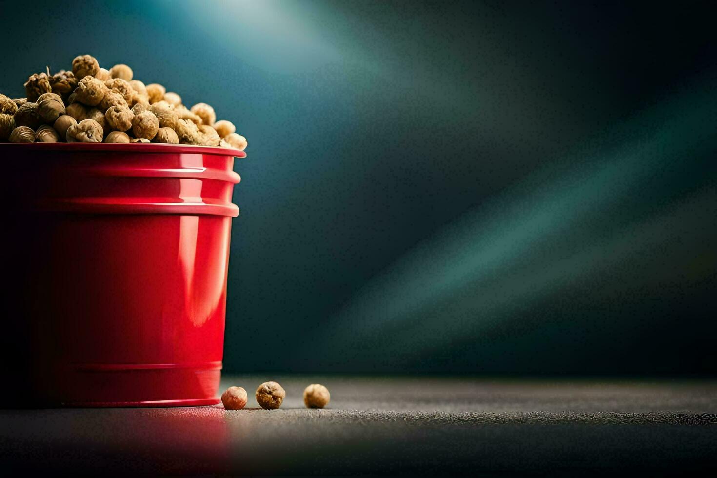 a red bucket filled with popcorn on a dark table. AI-Generated photo
