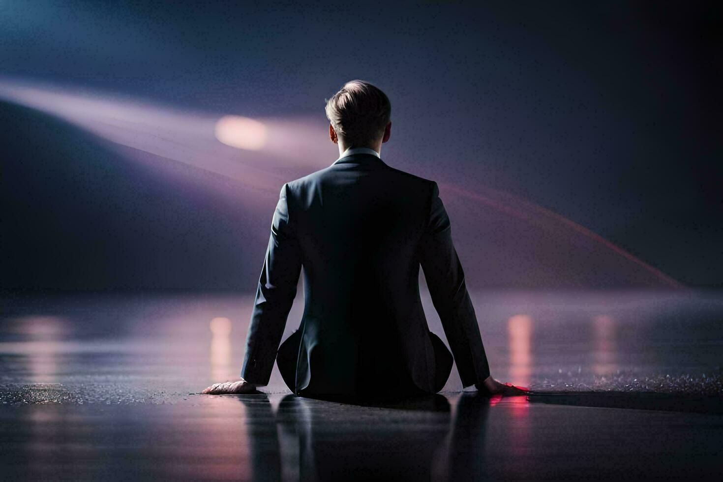 a man in a suit sits on the floor in front of a spotlight. AI-Generated photo
