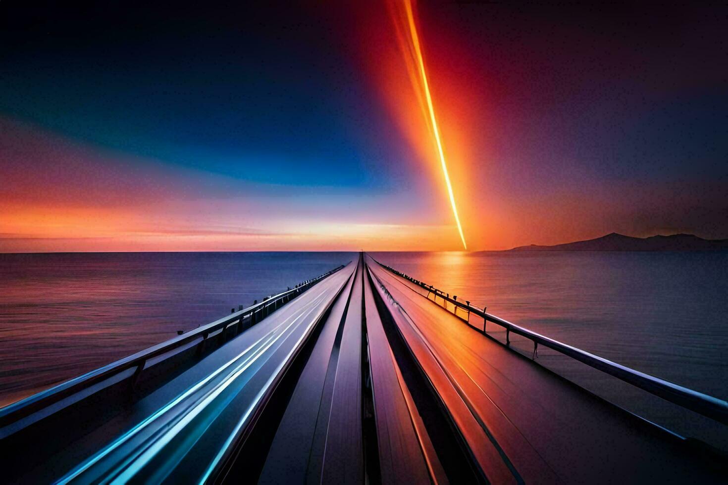 a long exposure photo of a train going over the ocean. AI-Generated