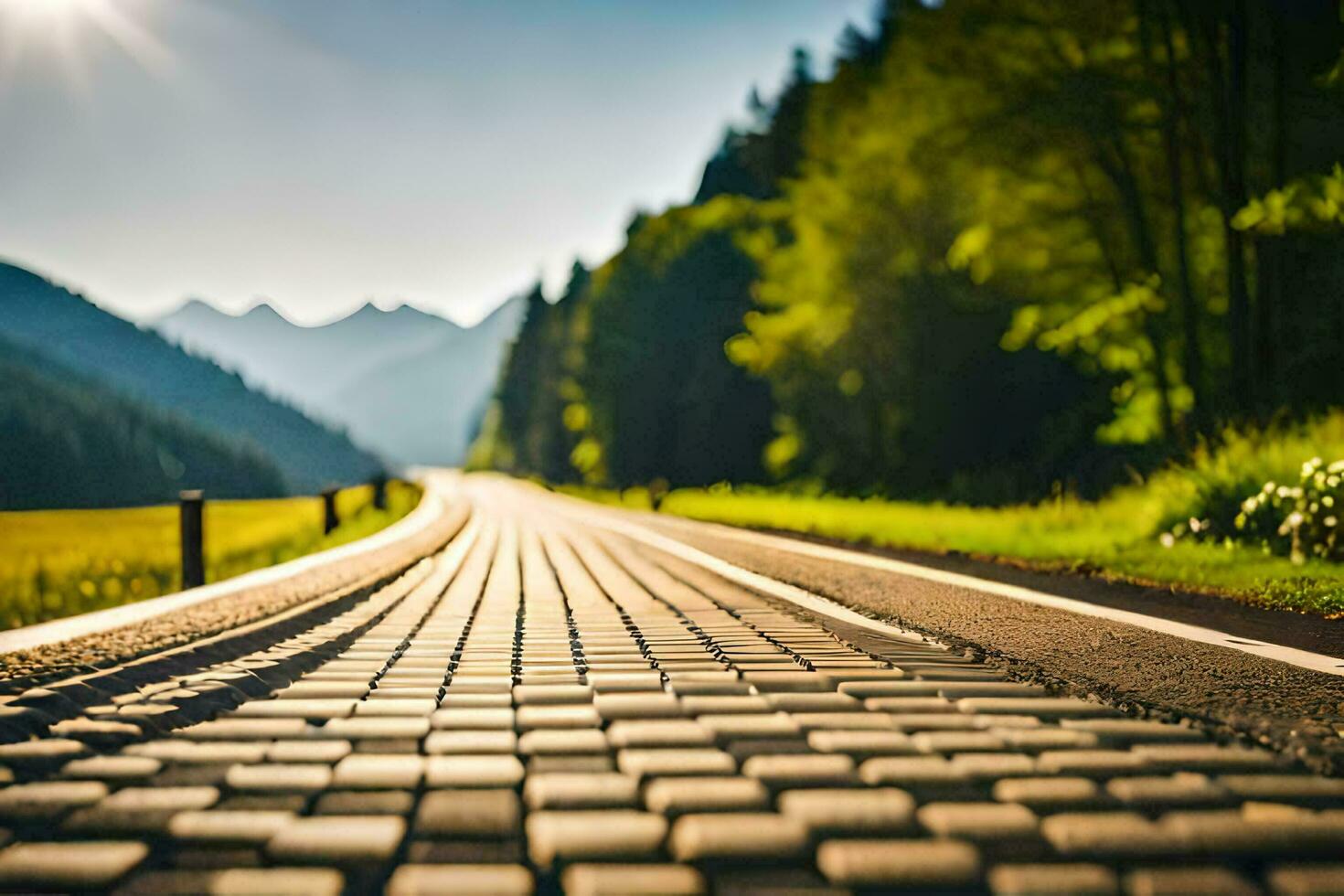 a road with a cobblestone path in the middle of a field. AI-Generated photo