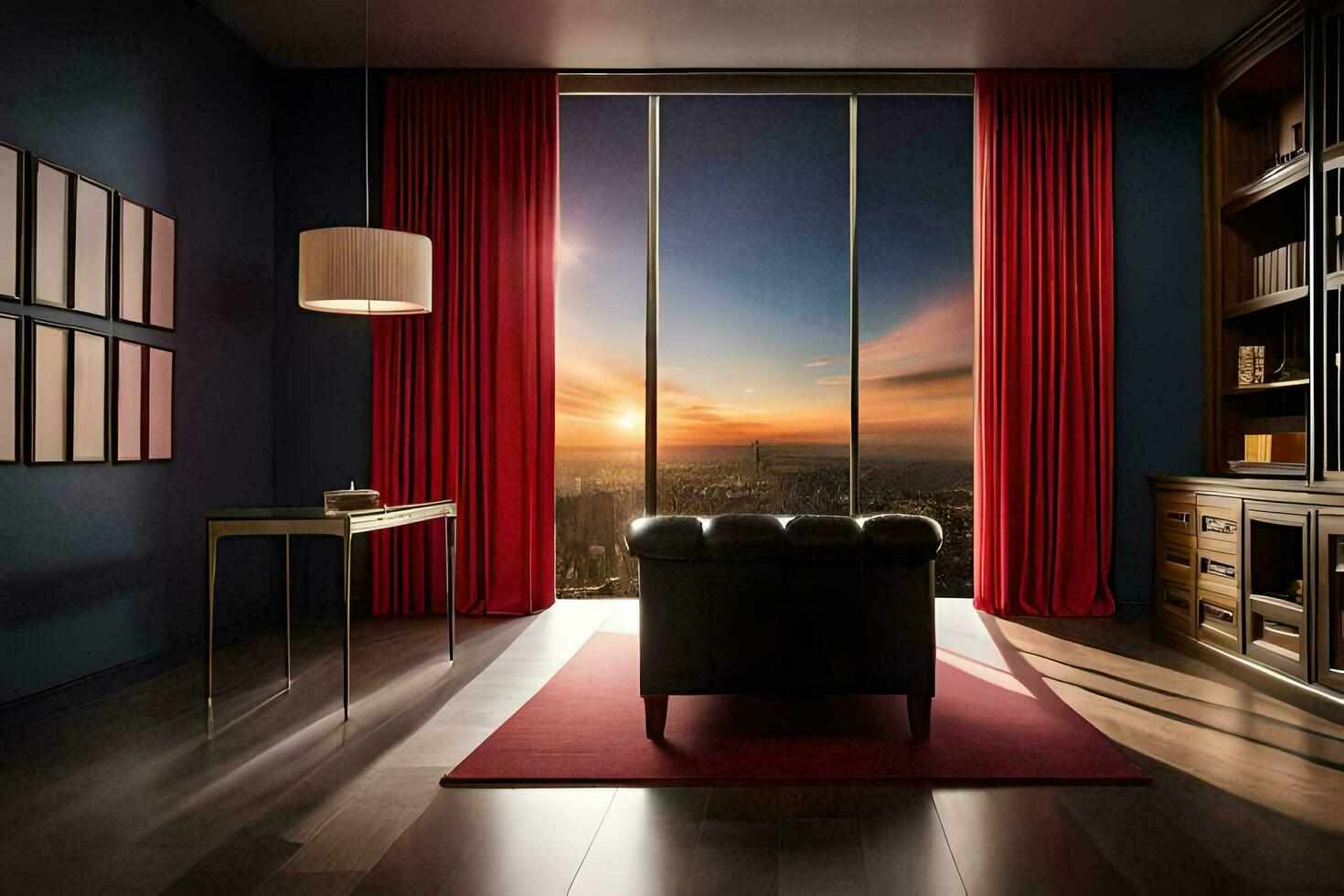a room with a view of the city at sunset. AI-Generated photo