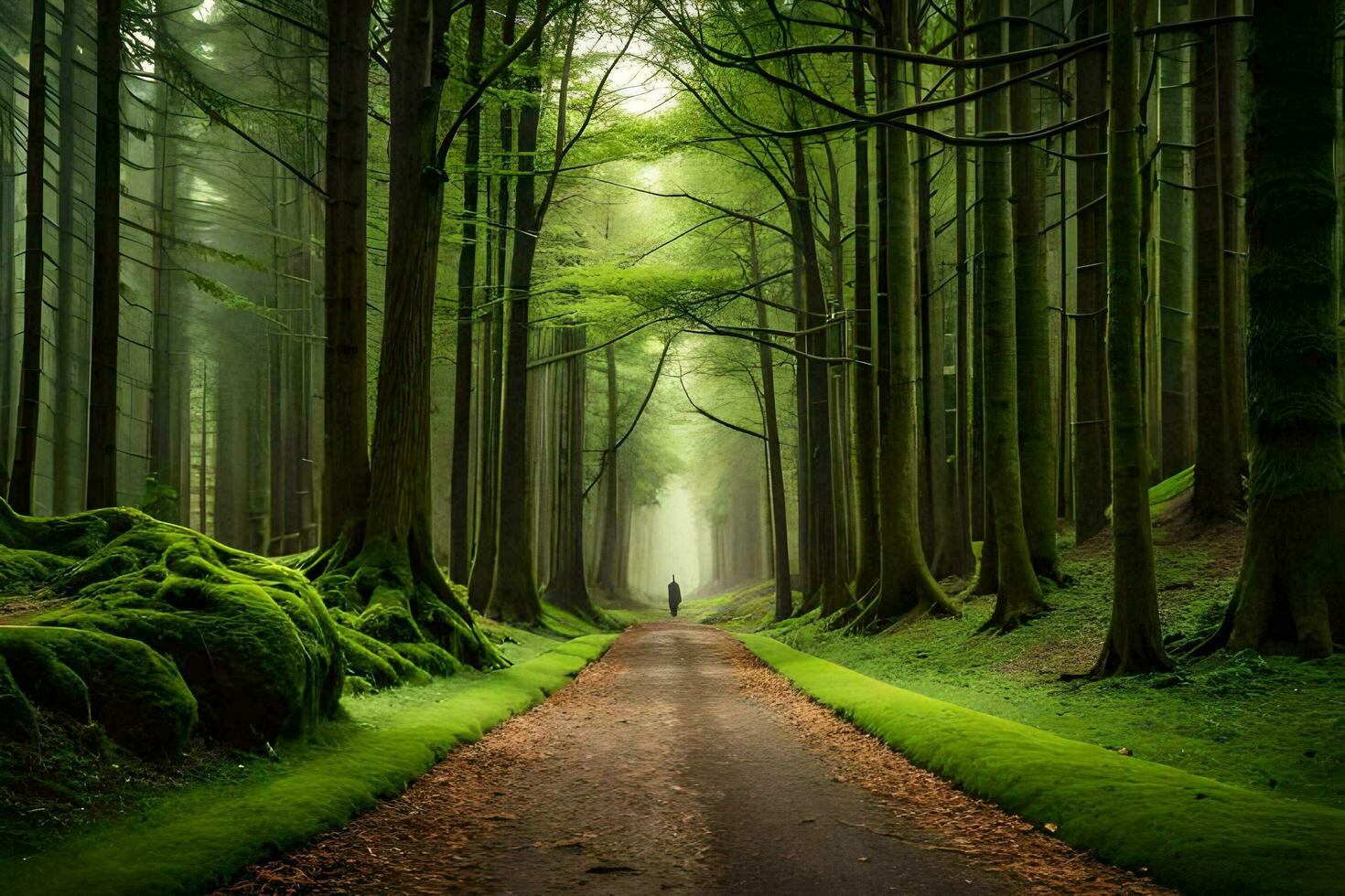 a path through a green forest with trees and grass. AI-Generated photo
