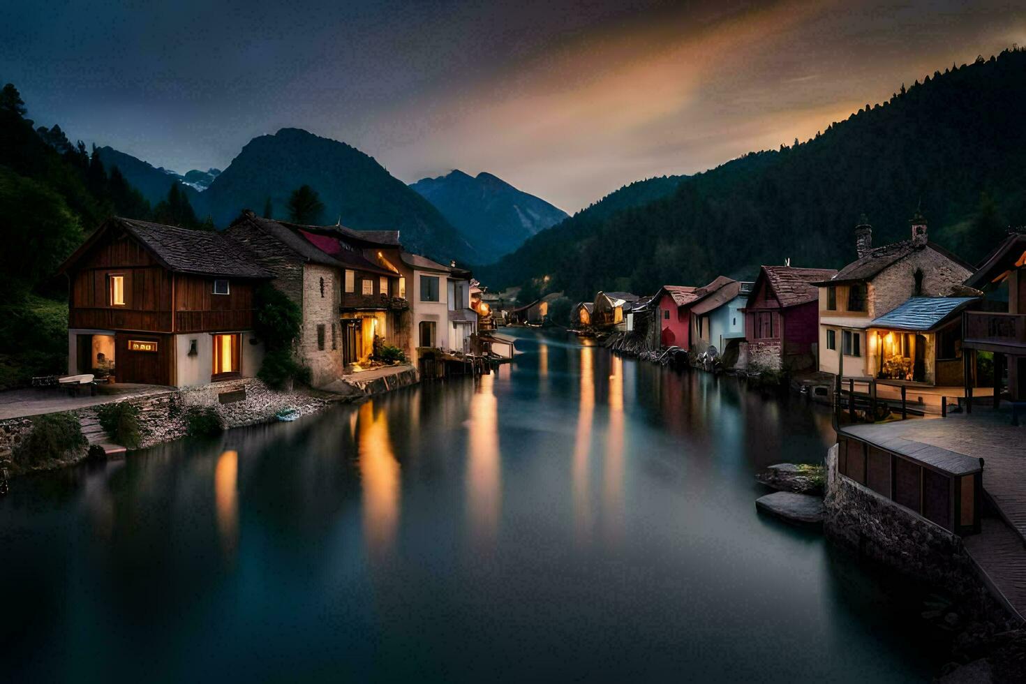 photo wallpaper the sky, mountains, water, houses, river, the night, the mountains,. AI-Generated