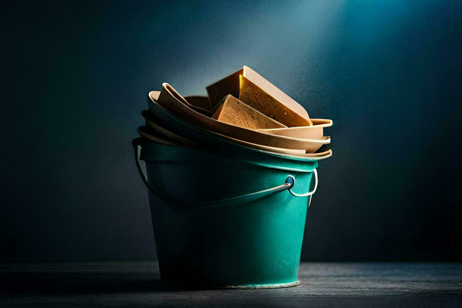 a bucket filled with wooden blocks on a dark background. AI-Generated photo