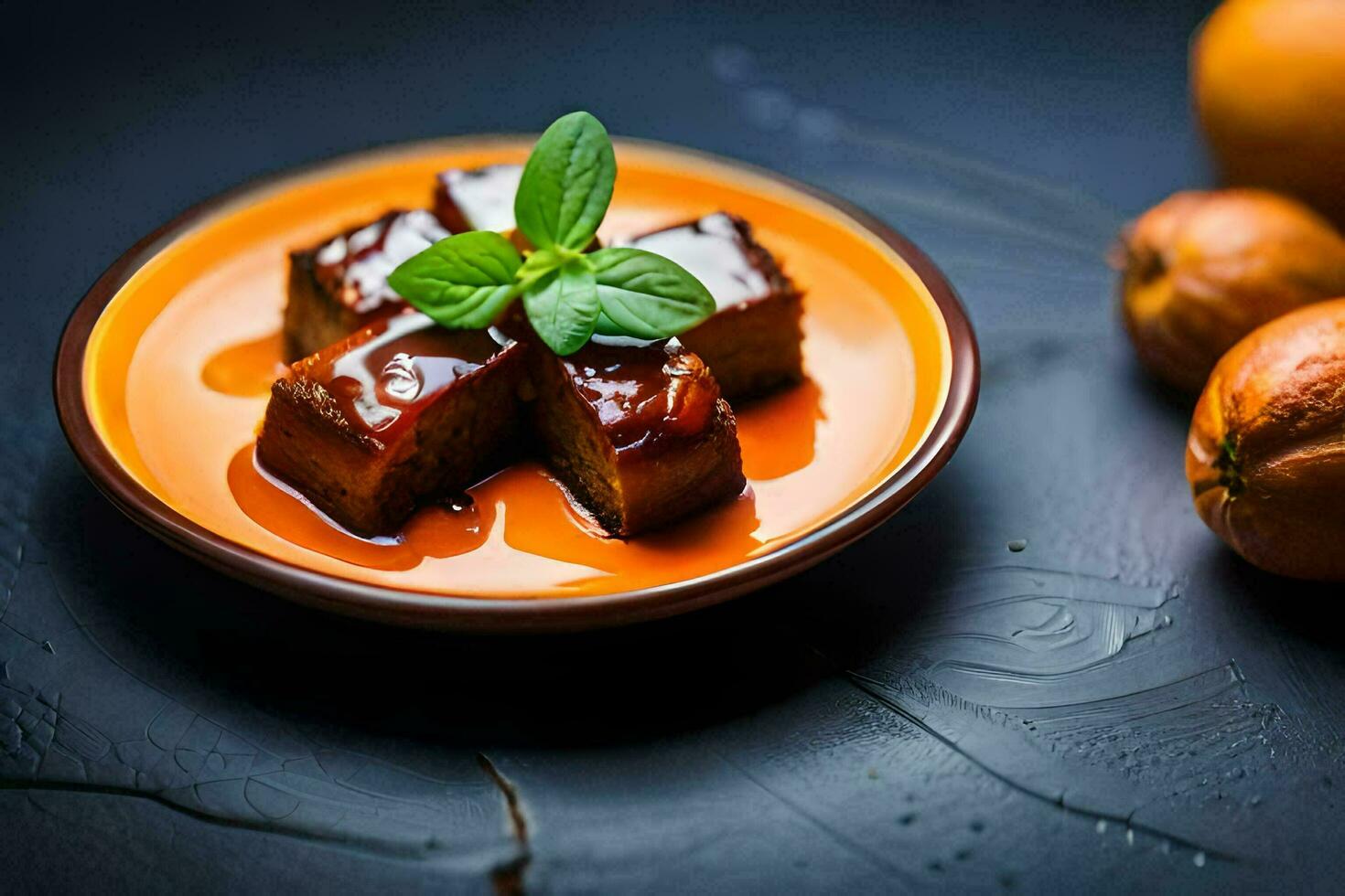 orange slices and a dessert on a plate. AI-Generated photo
