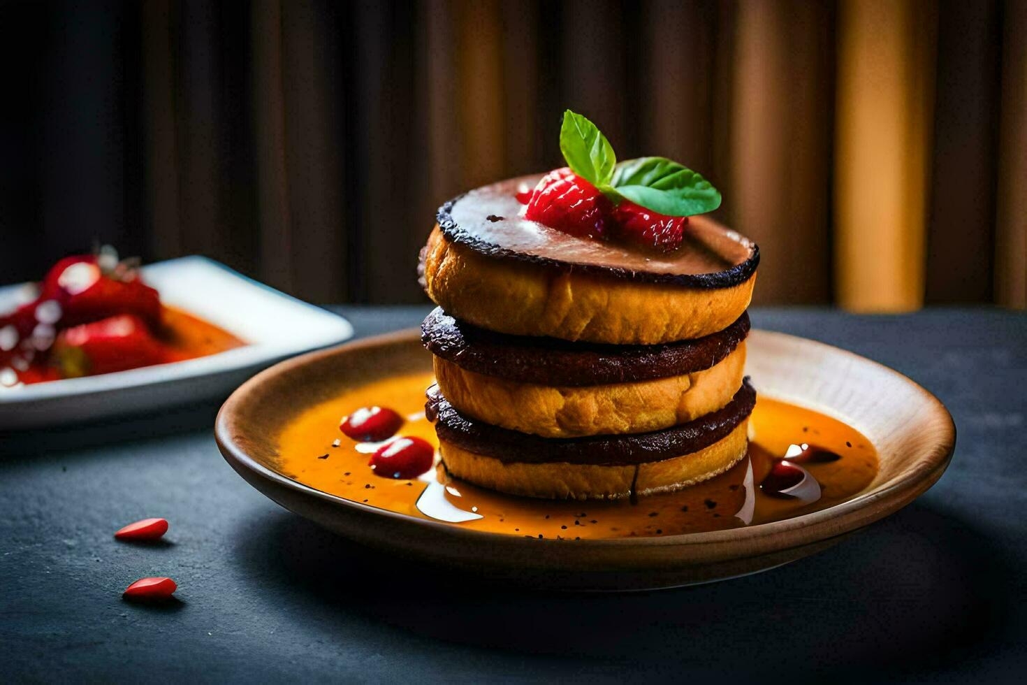 a stack of pancakes on a plate with berries. AI-Generated photo
