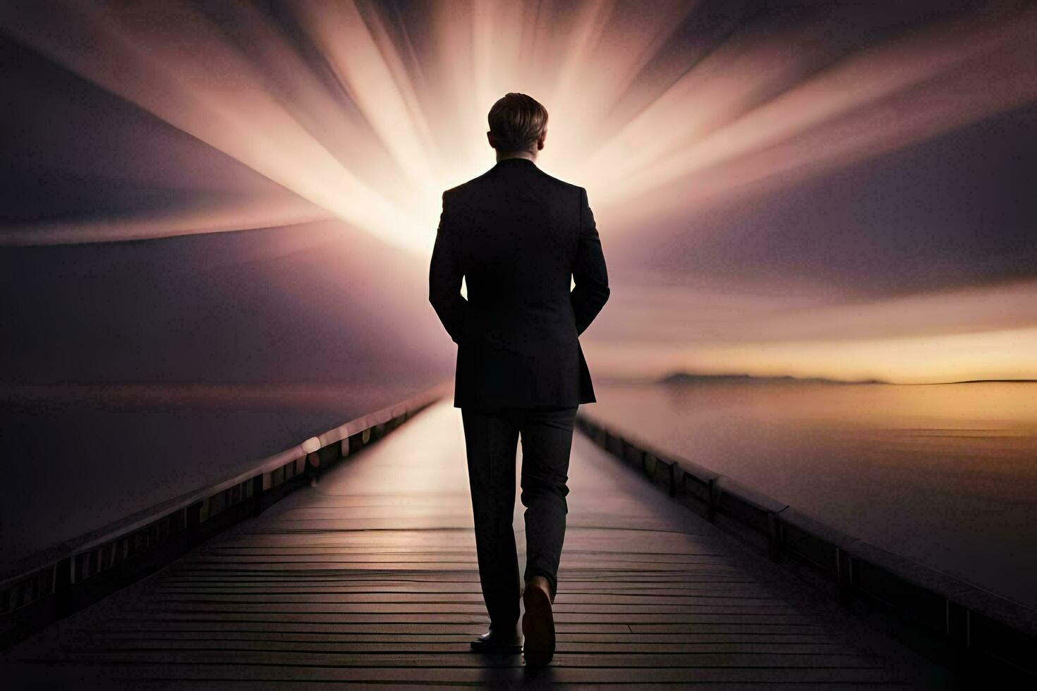 a man in a suit walks on a pier at night. AI-Generated photo