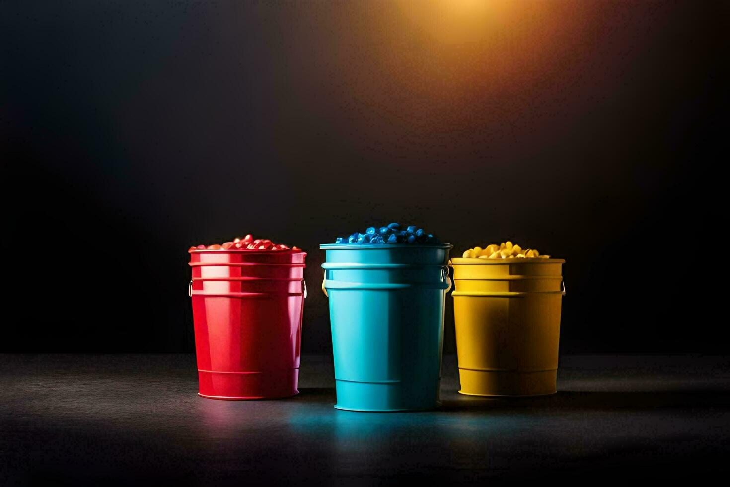 three colorful buckets with different colored balls in them. AI-Generated photo