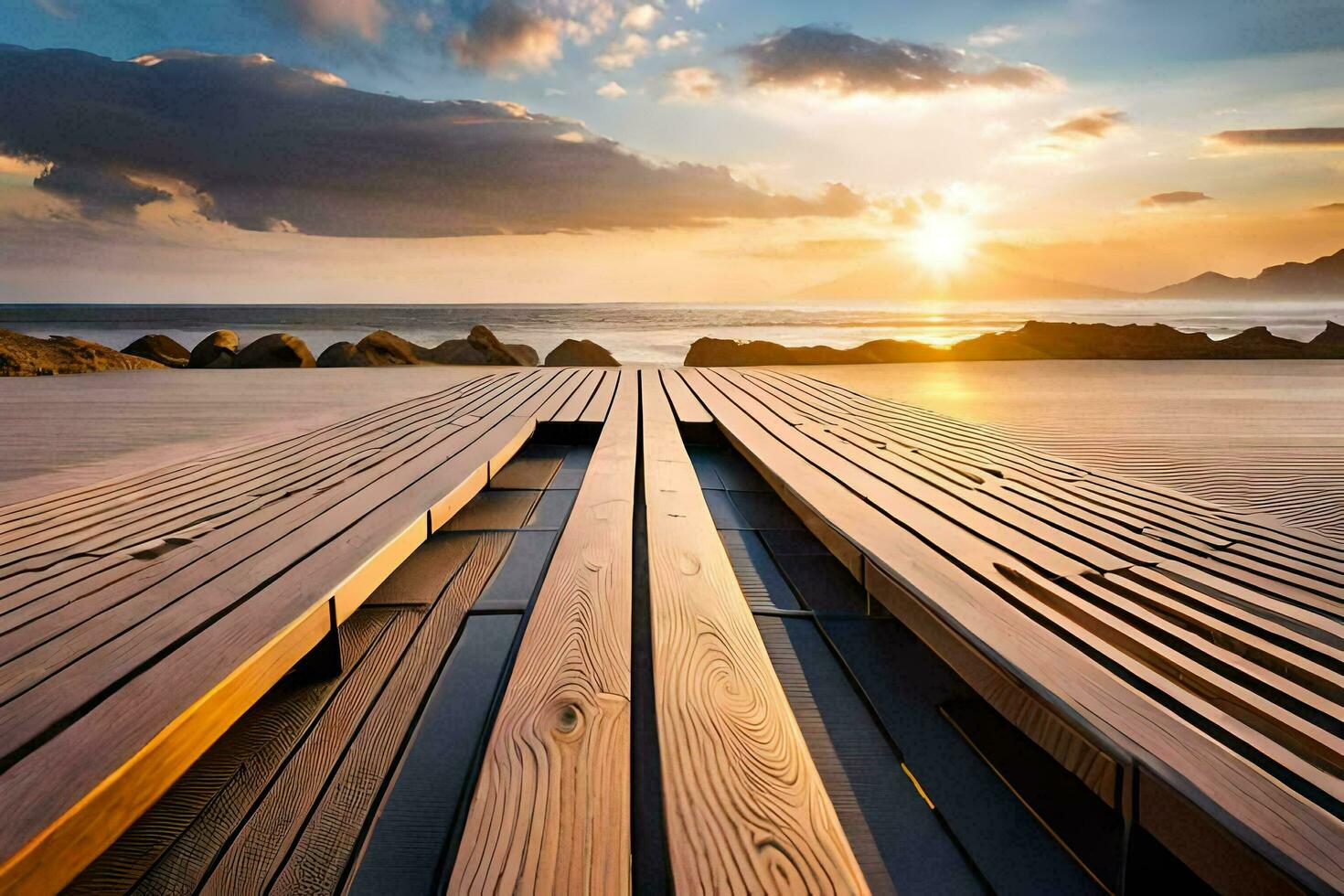 a wooden pier on the beach at sunset. AI-Generated photo