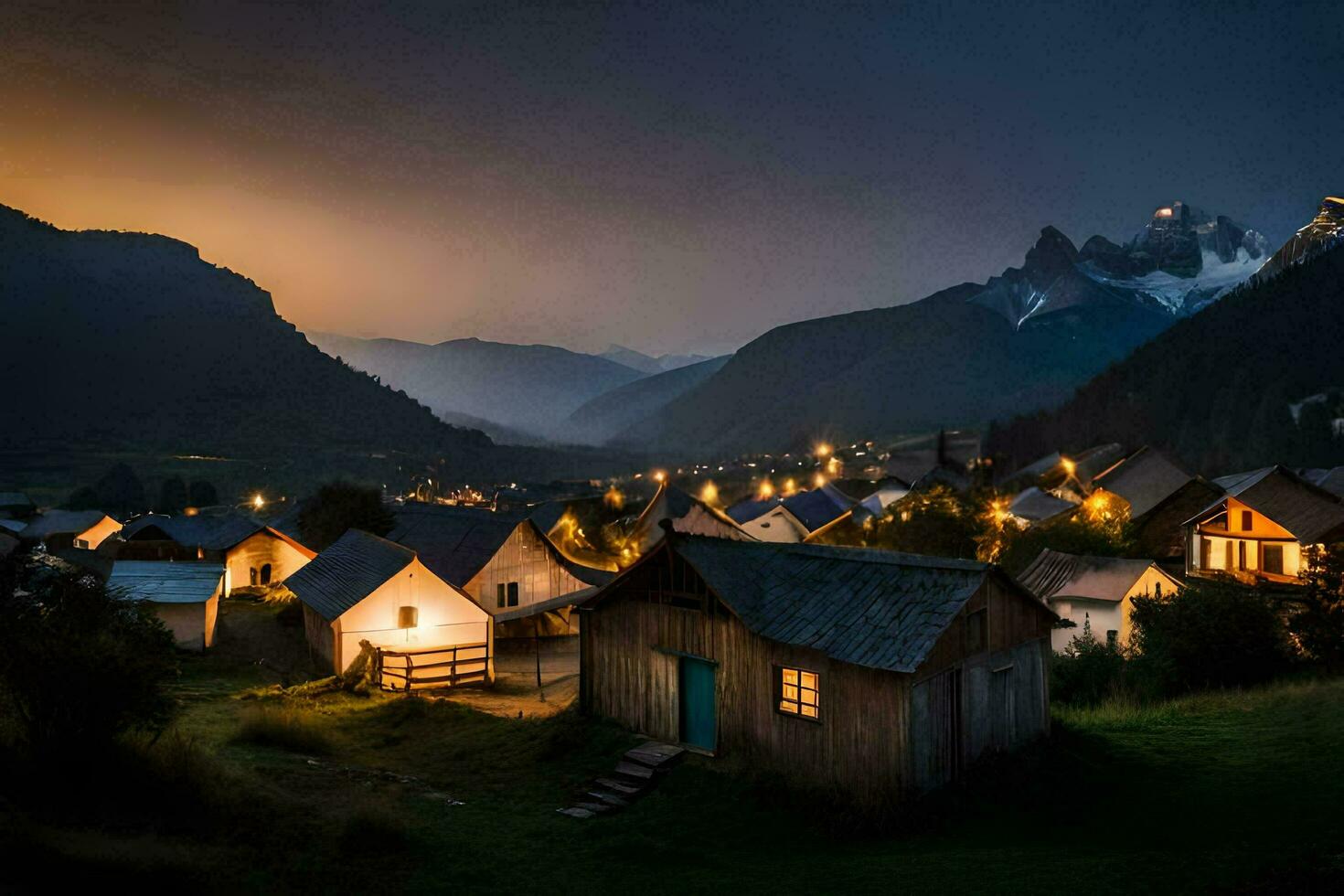 a village at night with lights on in the mountains. AI-Generated photo