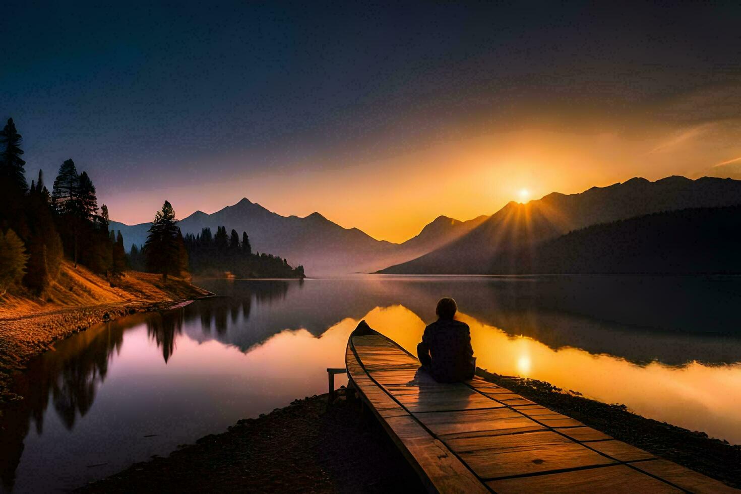a man sits on a dock at sunset in the mountains. AI-Generated photo