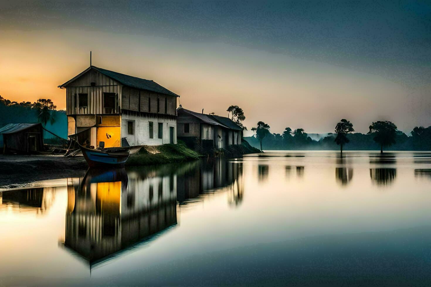 a house sits on the shore of a lake at sunset. AI-Generated photo