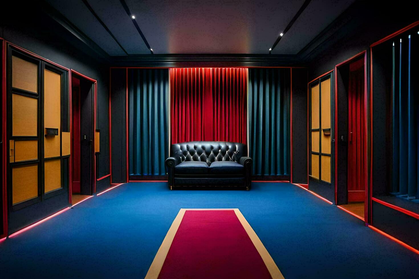 the room has a red carpet and blue walls. AI-Generated photo