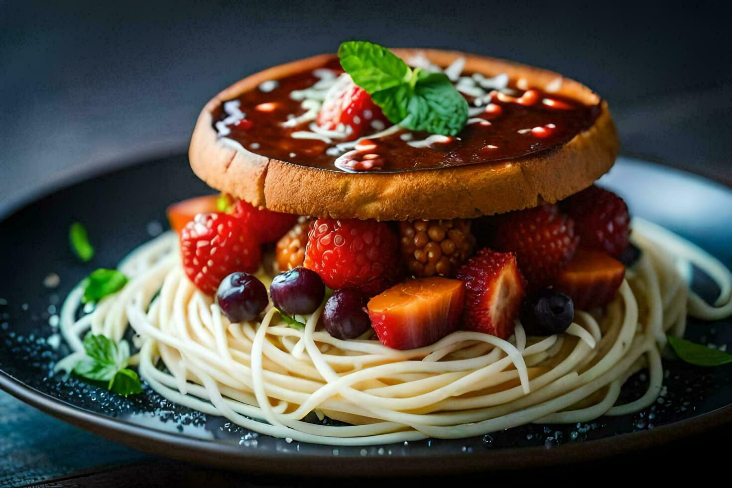 a plate with spaghetti and berries on it. AI-Generated photo