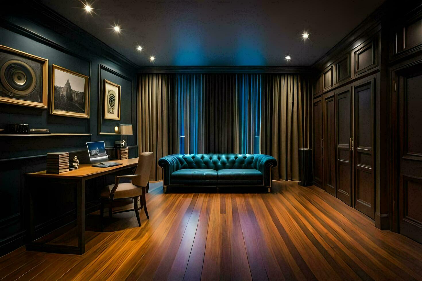 a dark room with wood floors and a blue couch. AI-Generated photo