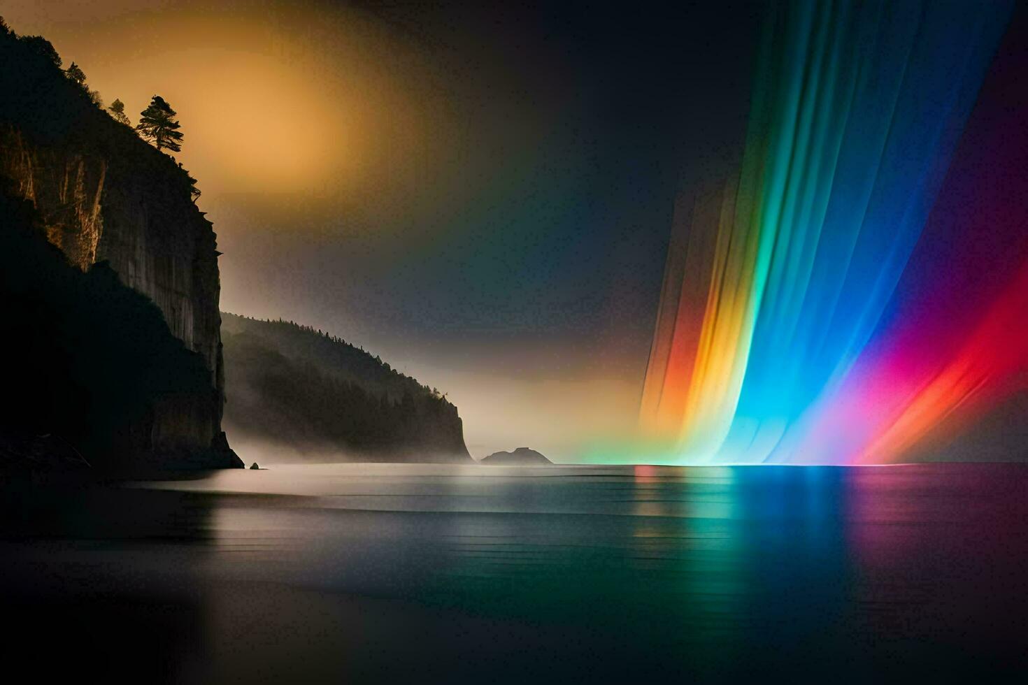 a rainbow light is shining over the ocean. AI-Generated photo