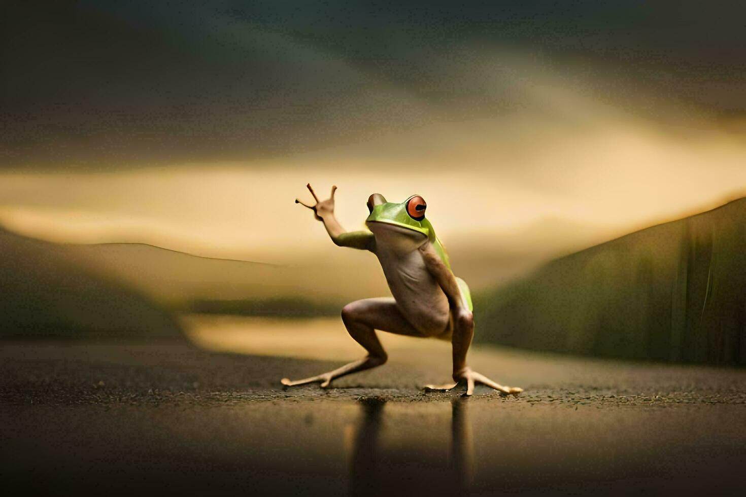 a frog is standing on the road with its arms outstretched. AI-Generated photo