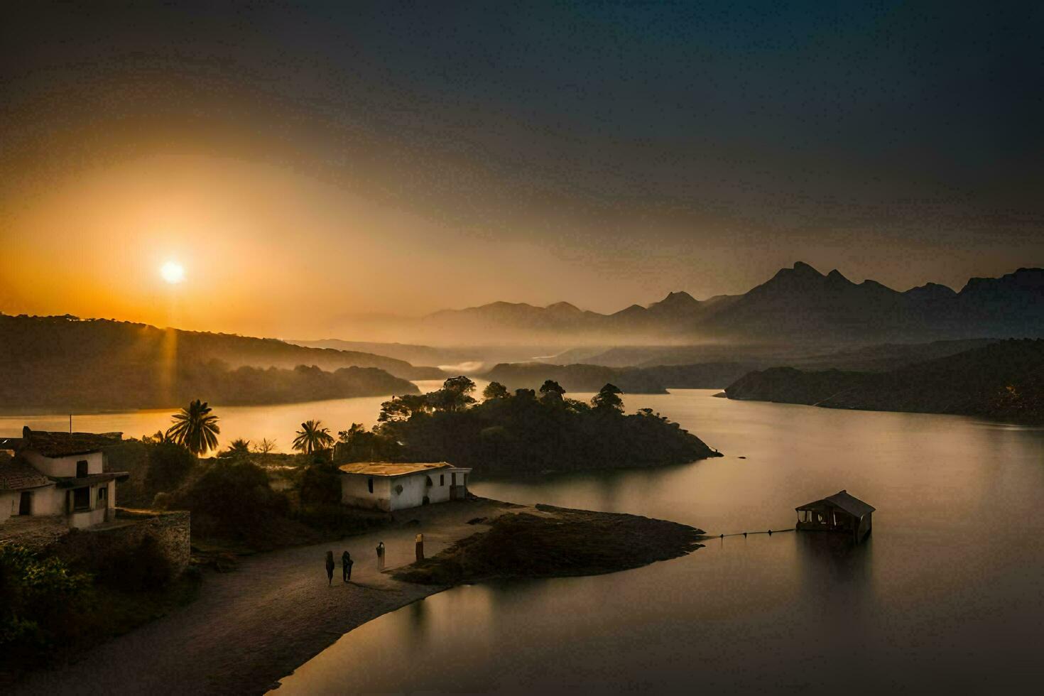 the sun rises over a lake and mountains. AI-Generated photo