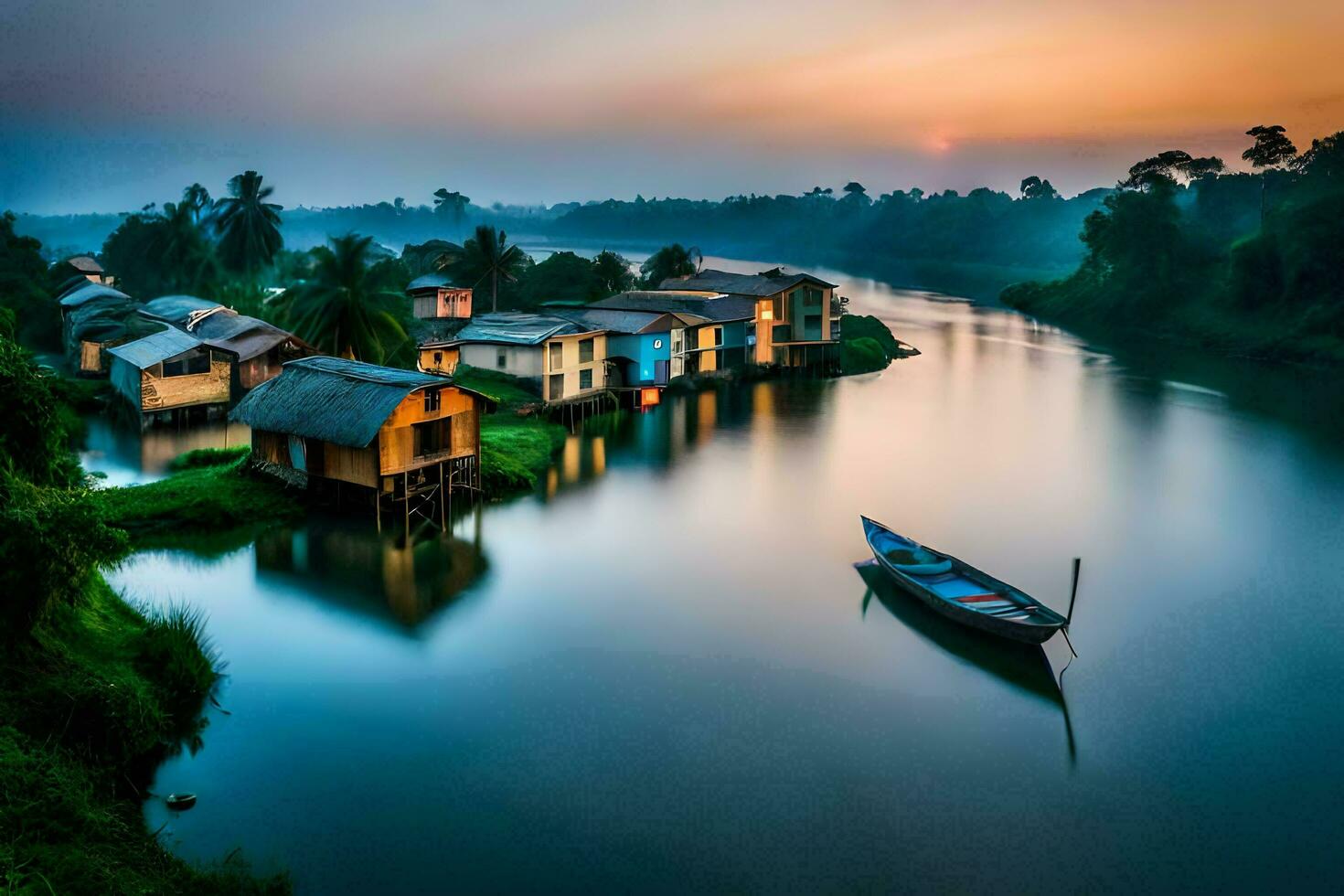 a boat is floating in the water near a village. AI-Generated photo