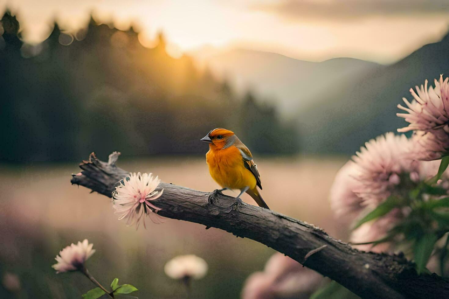 a bird sits on a branch in front of a field. AI-Generated photo