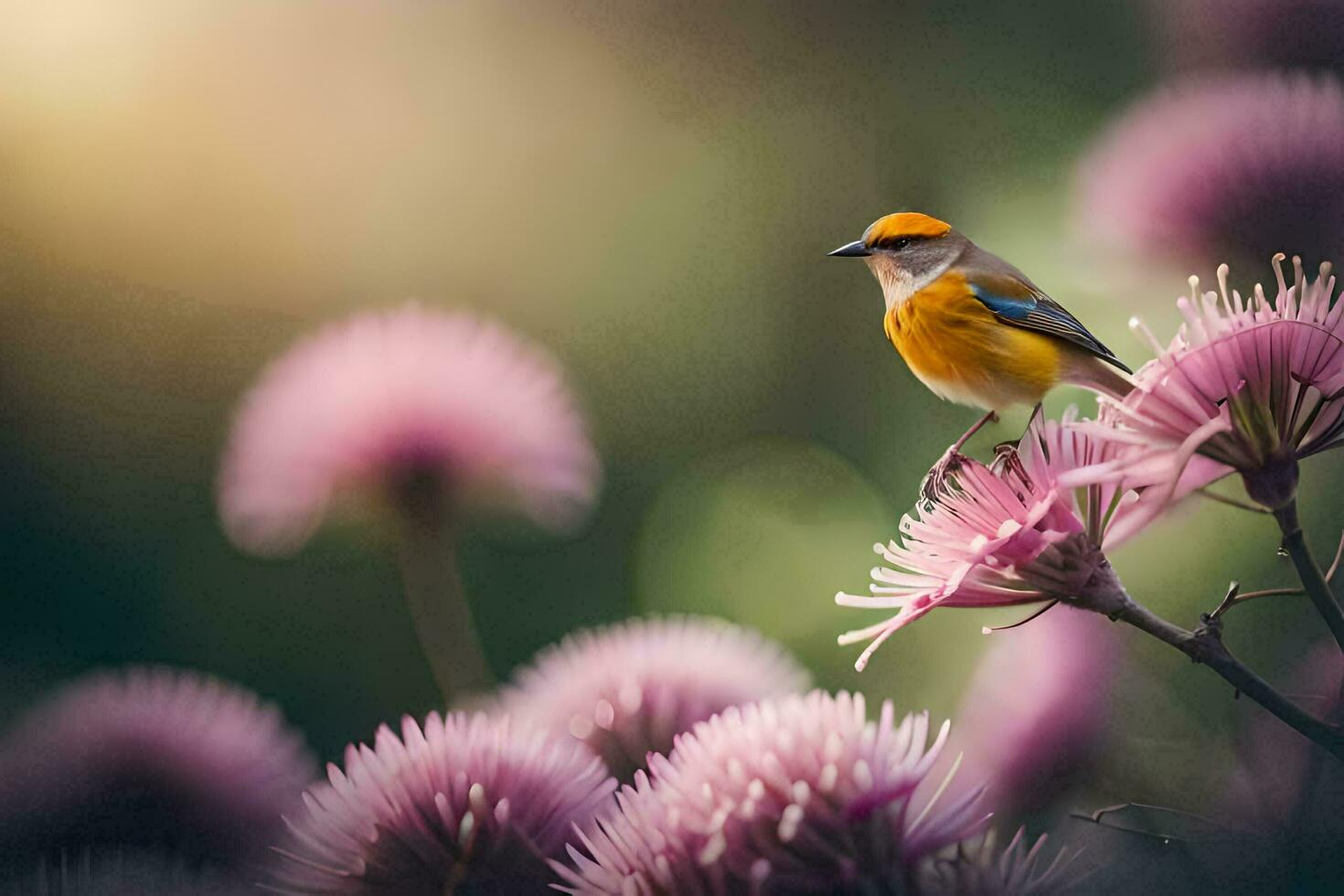 a bird is perched on top of some purple flowers. AI-Generated photo