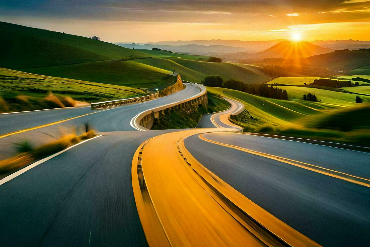 a winding road in the sunset. AI-Generated photo