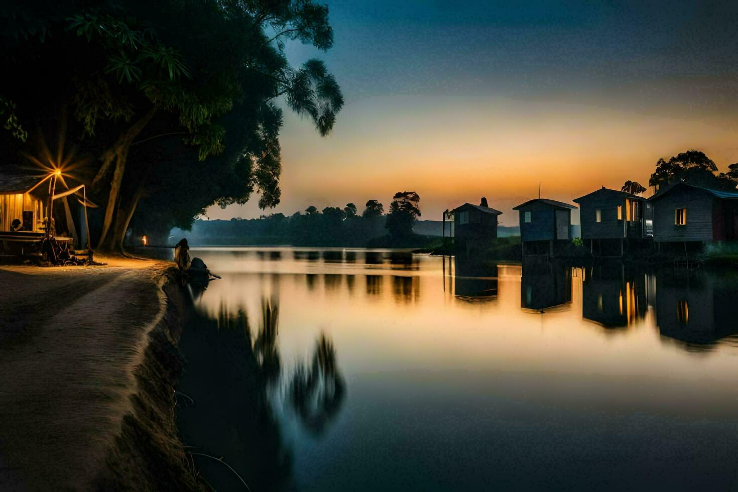 a river at sunset with houses on the shore. AI-Generated photo