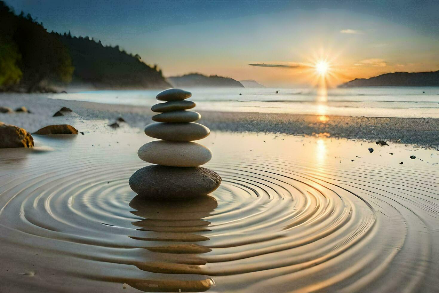 a stack of stones on the beach at sunset. AI-Generated photo