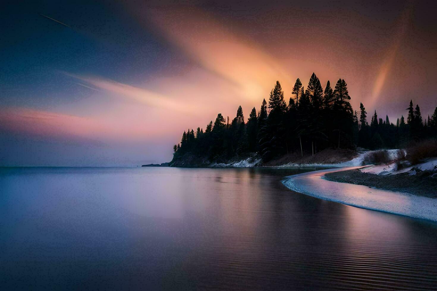 a long exposure photograph of a beach and trees. AI-Generated photo