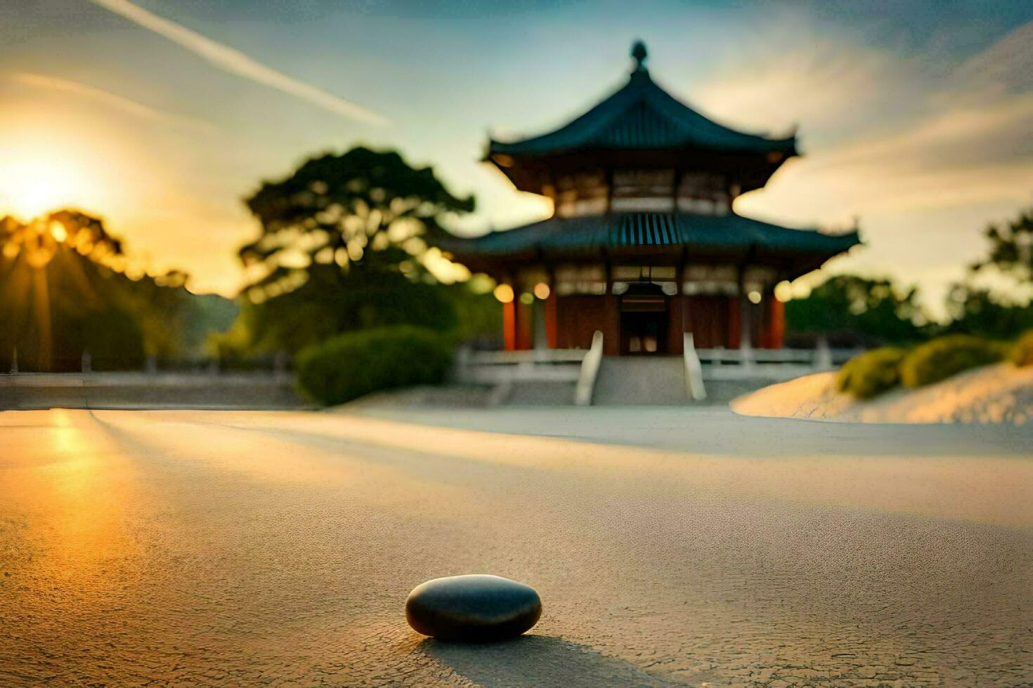 el Roca es en frente de el pagoda. generado por ai foto