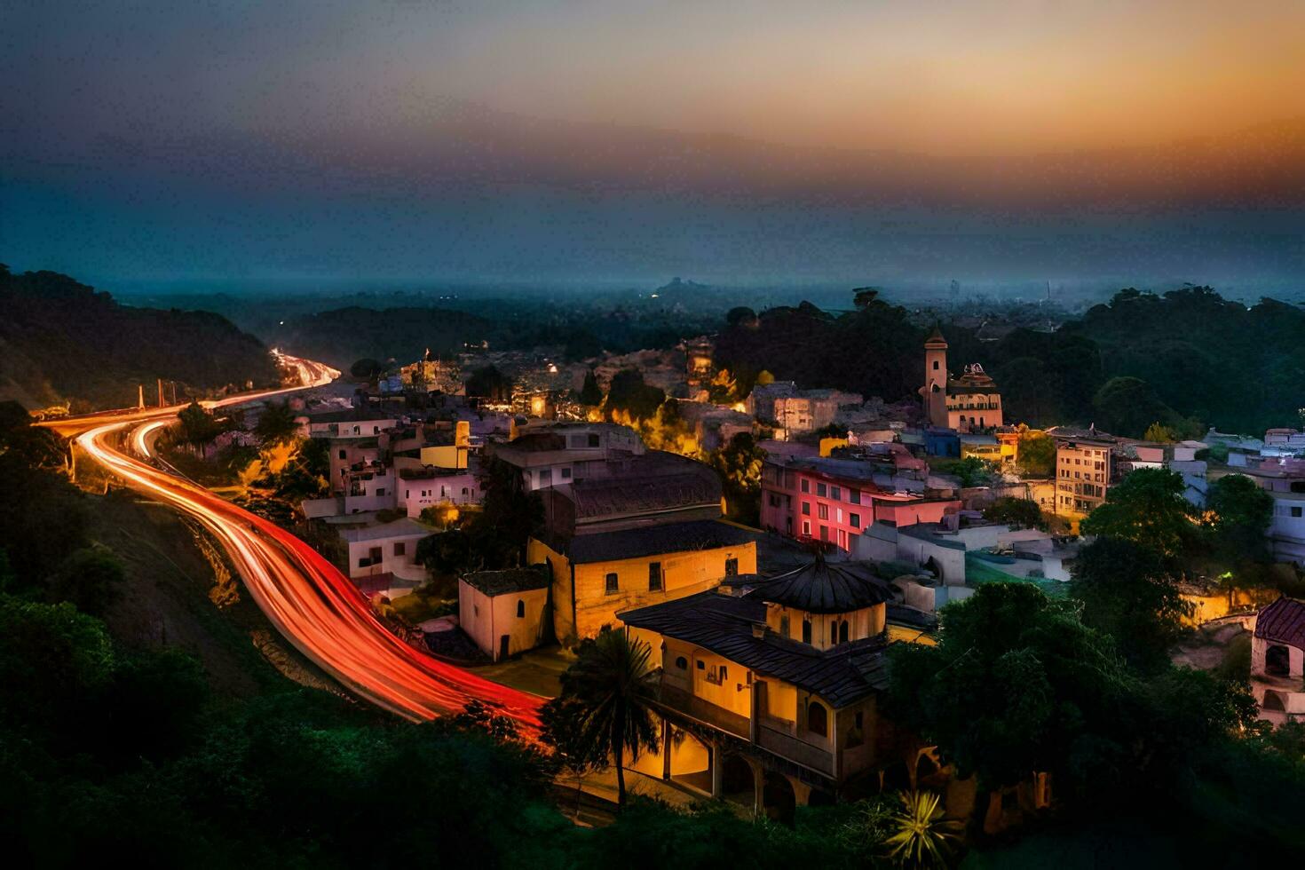 un ciudad a oscuridad con carros conducción en el la carretera. generado por ai foto