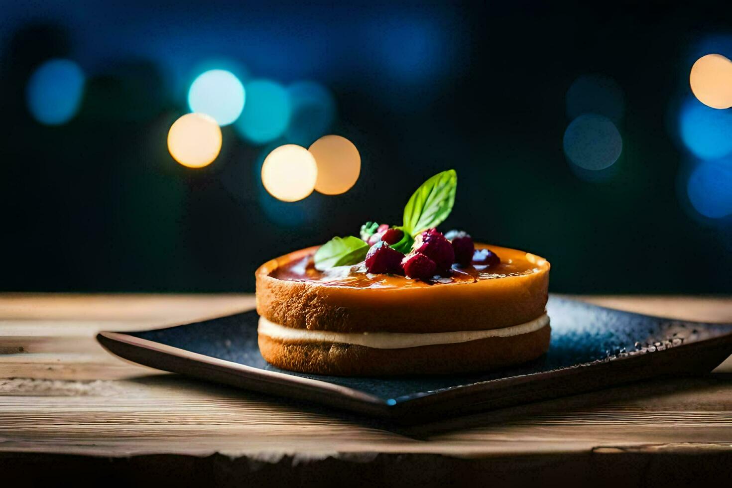 a dessert on a wooden table with lights in the background. AI-Generated photo