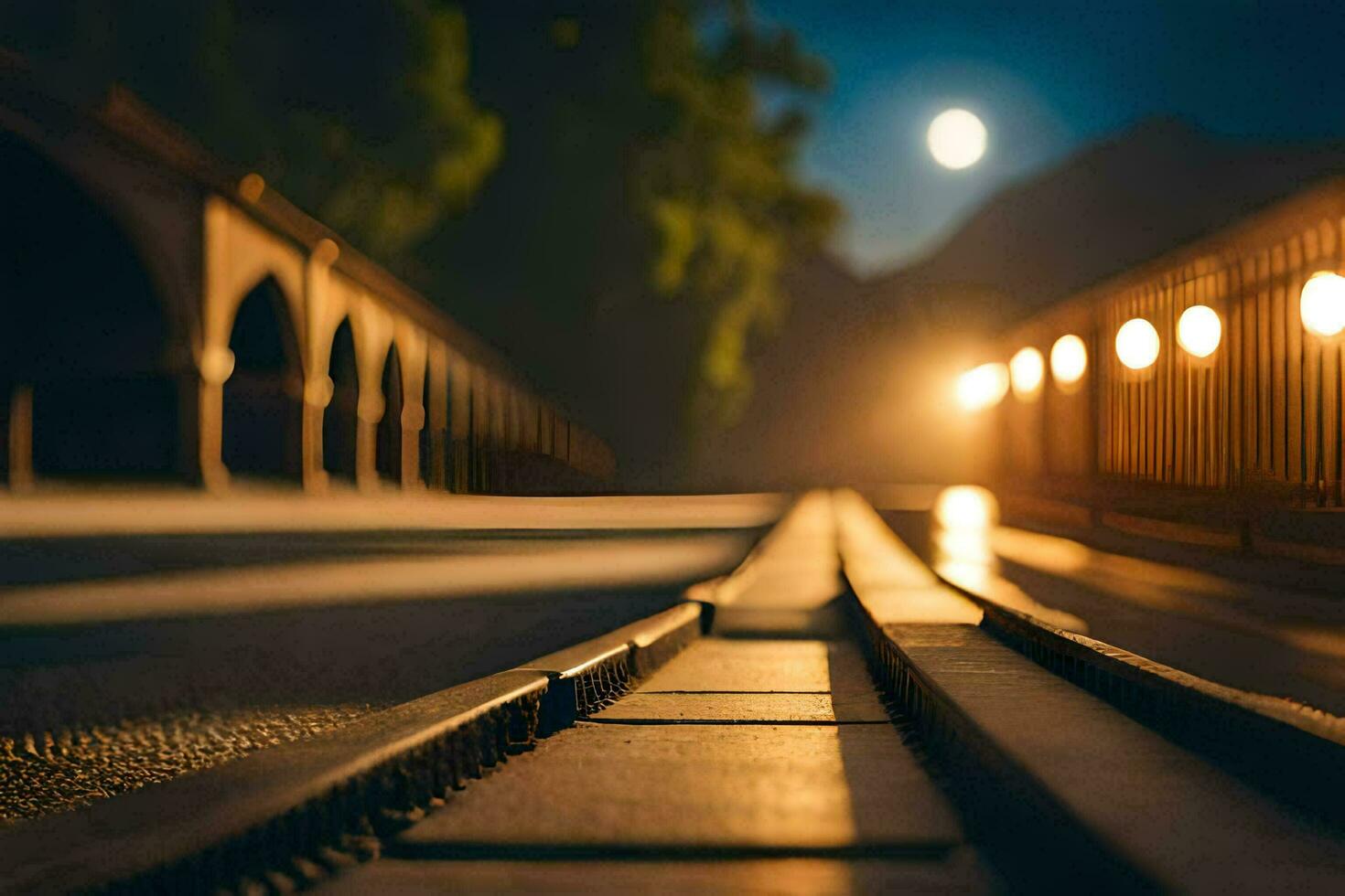 photo wallpaper the moon, night, the road, the train, the track. AI-Generated