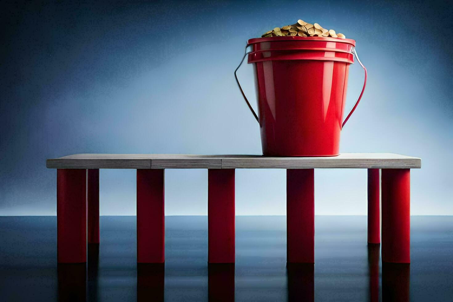 a red bucket with peanuts on top of a table. AI-Generated photo