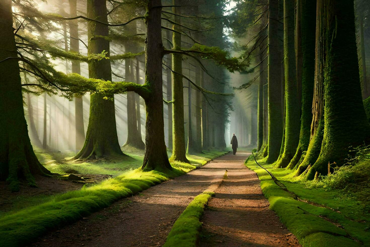a man walks down a path in the middle of a forest. AI-Generated photo