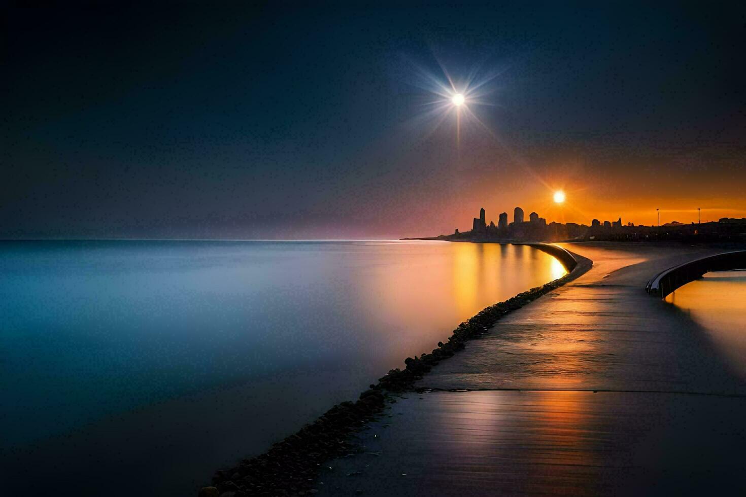 el Luna sube terminado el agua y un ciudad horizonte. generado por ai foto