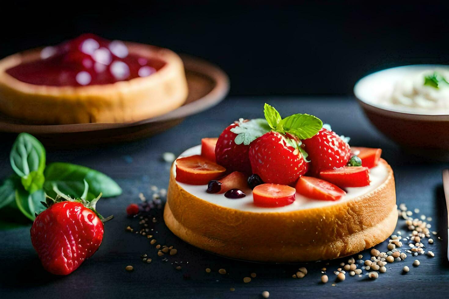 un tarta de queso con fresas y un cuenco de bayas. generado por ai foto