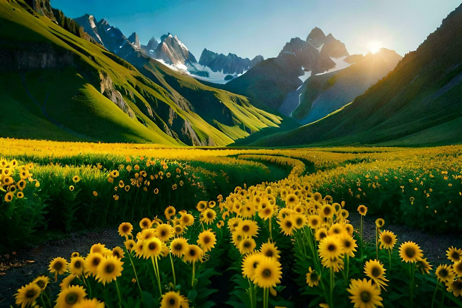 the sunflower field in the mountains. AI-Generated photo