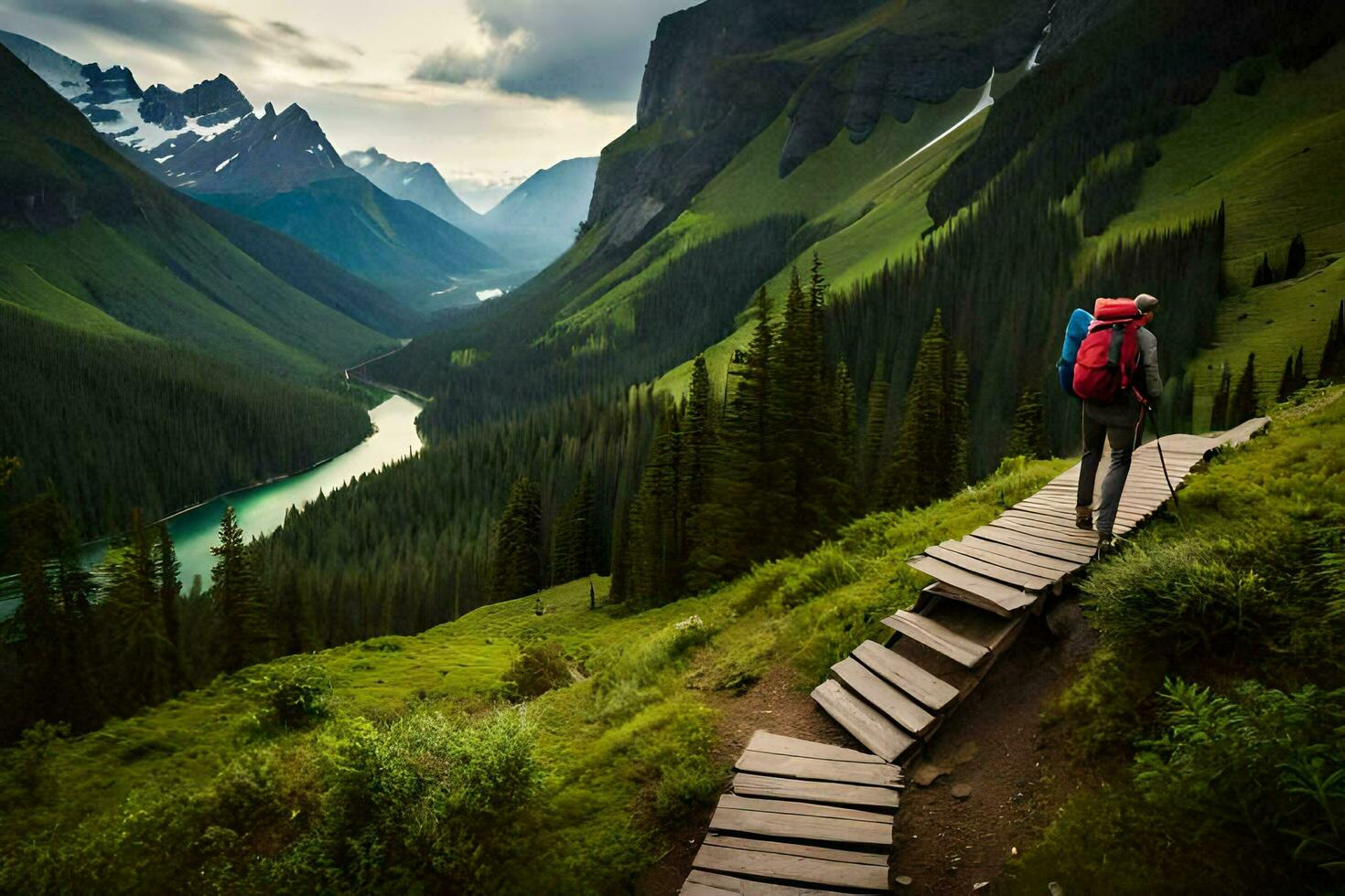 a man with a backpack walks up a wooden path to a river. AI-Generated photo