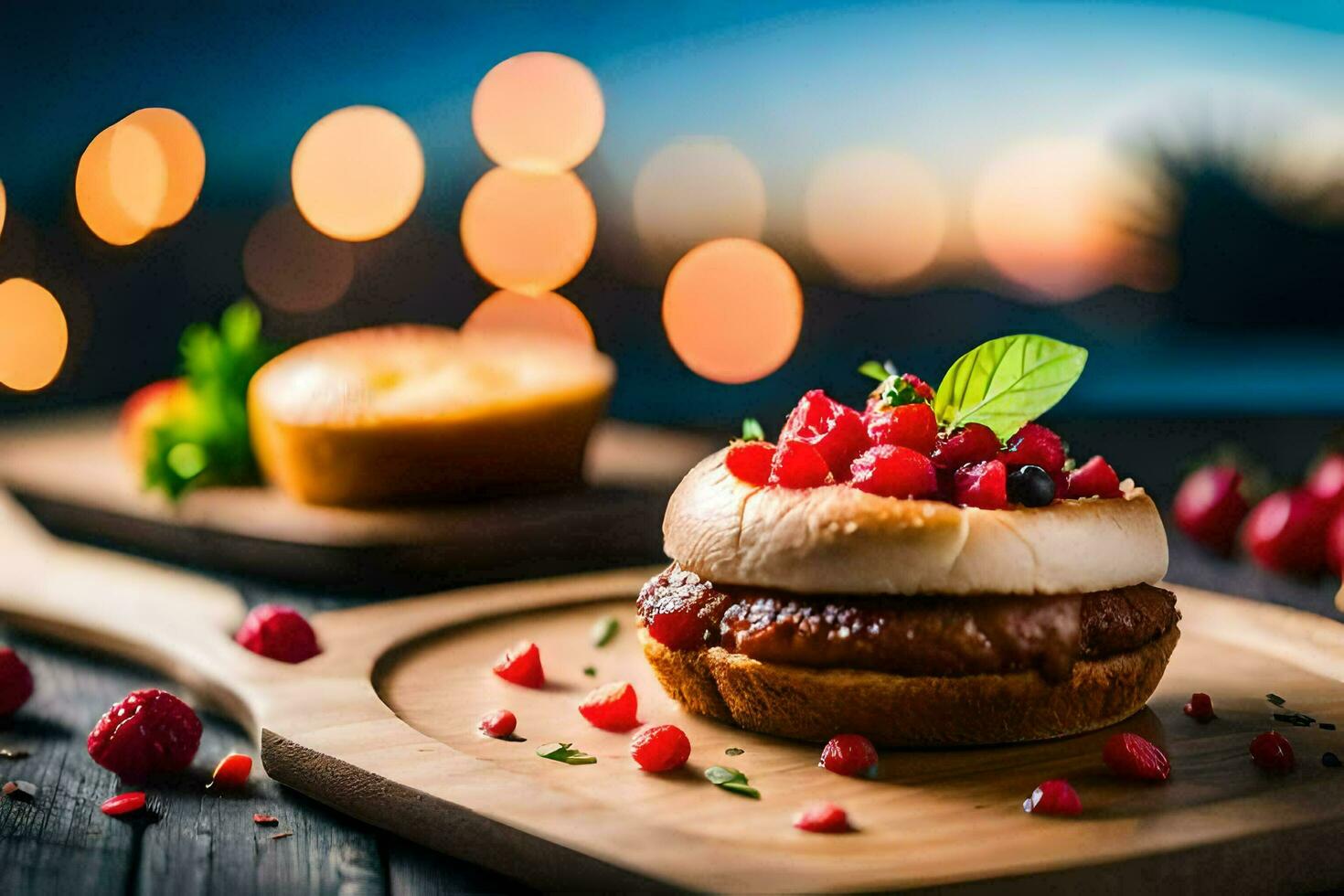 a hamburger with berries and a slice of bread. AI-Generated photo