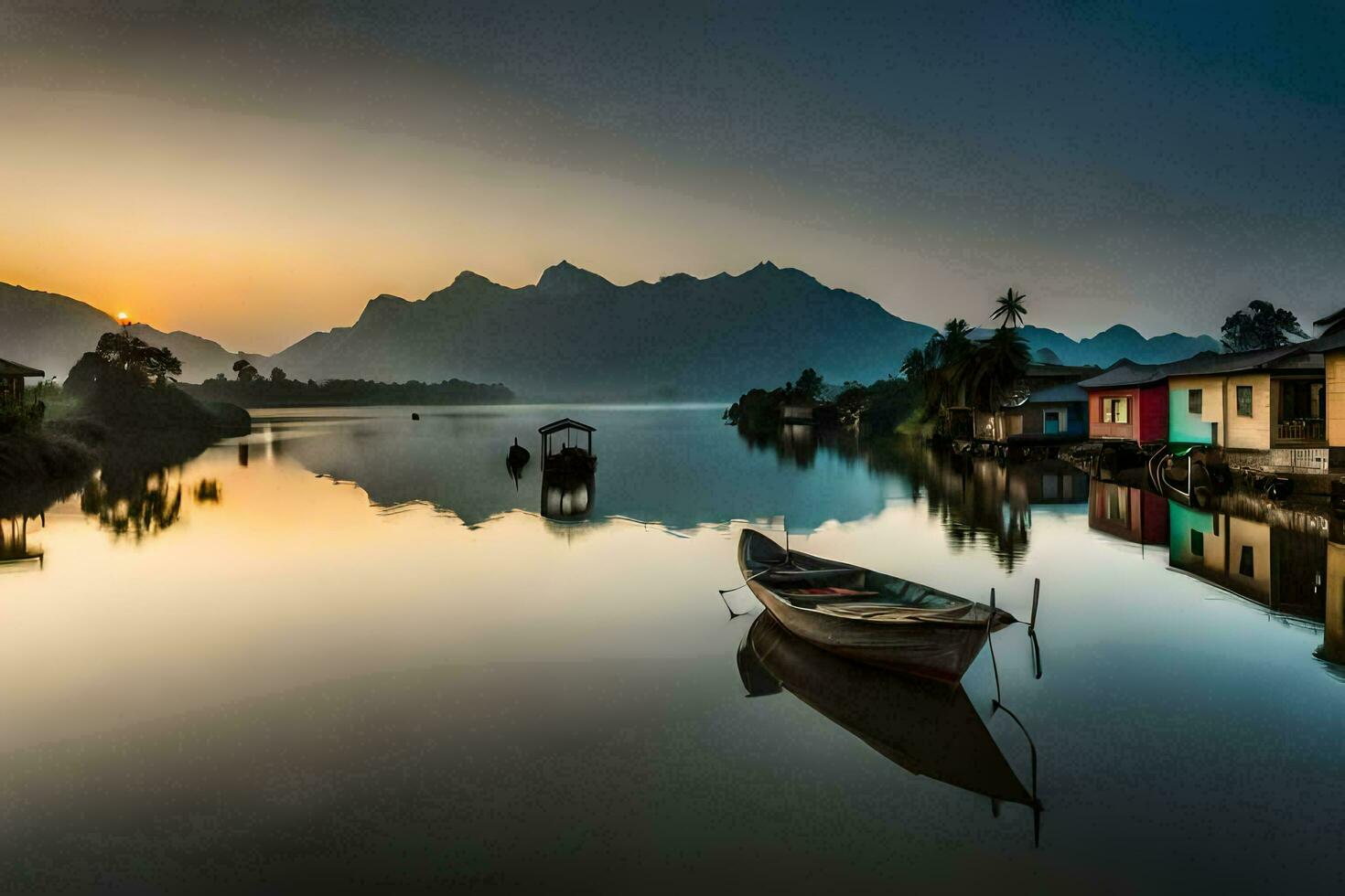 un barco se sienta en el agua en frente de casas generado por ai foto