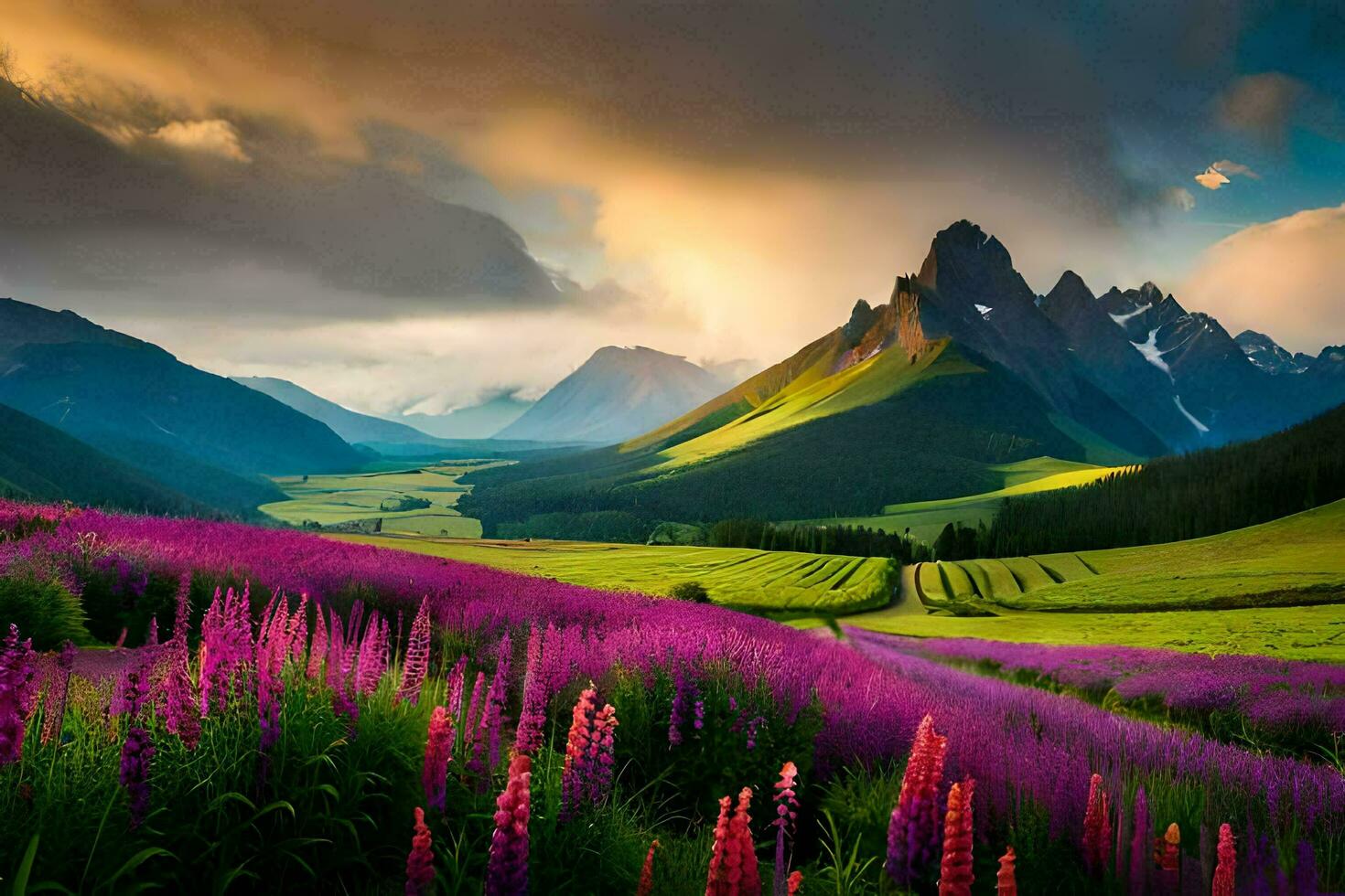 the sun is shining on a purple field of flowers and mountains. AI-Generated photo