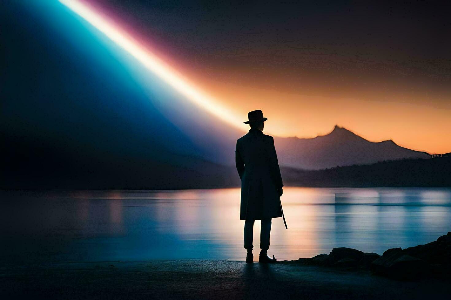 un hombre en un sombrero soportes en el apuntalar de un lago a puesta de sol. generado por ai foto