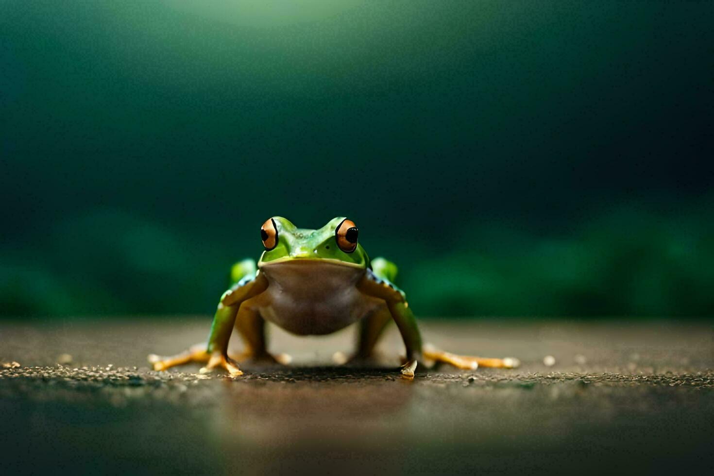a frog is standing on the ground in front of a green background. AI-Generated photo
