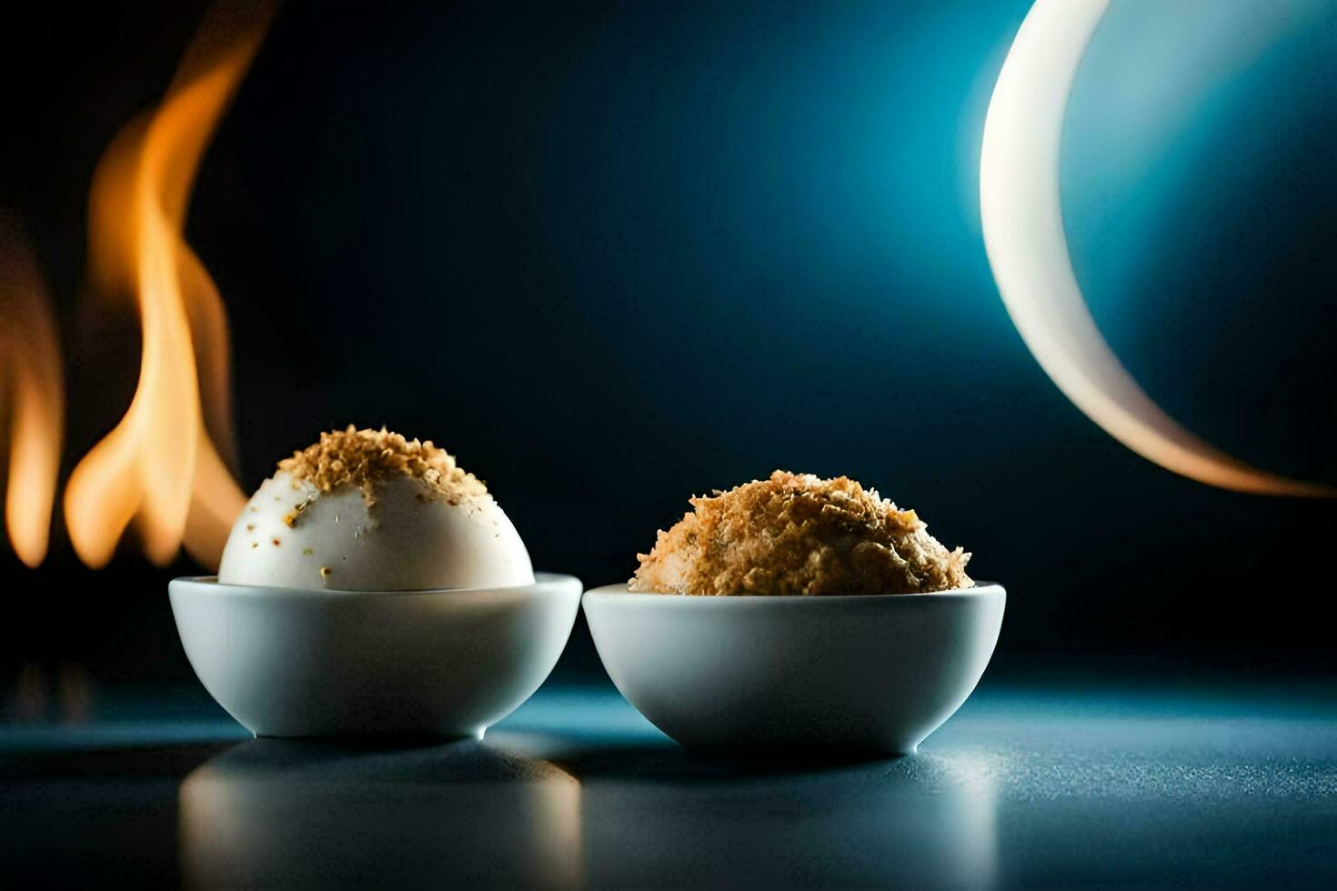 two bowls of ice cream with a candle in the background. AI-Generated photo
