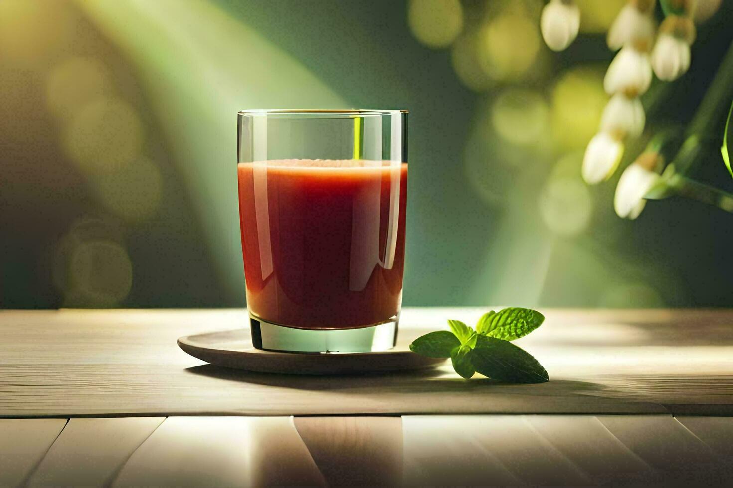 a glass of juice on a wooden table. AI-Generated photo