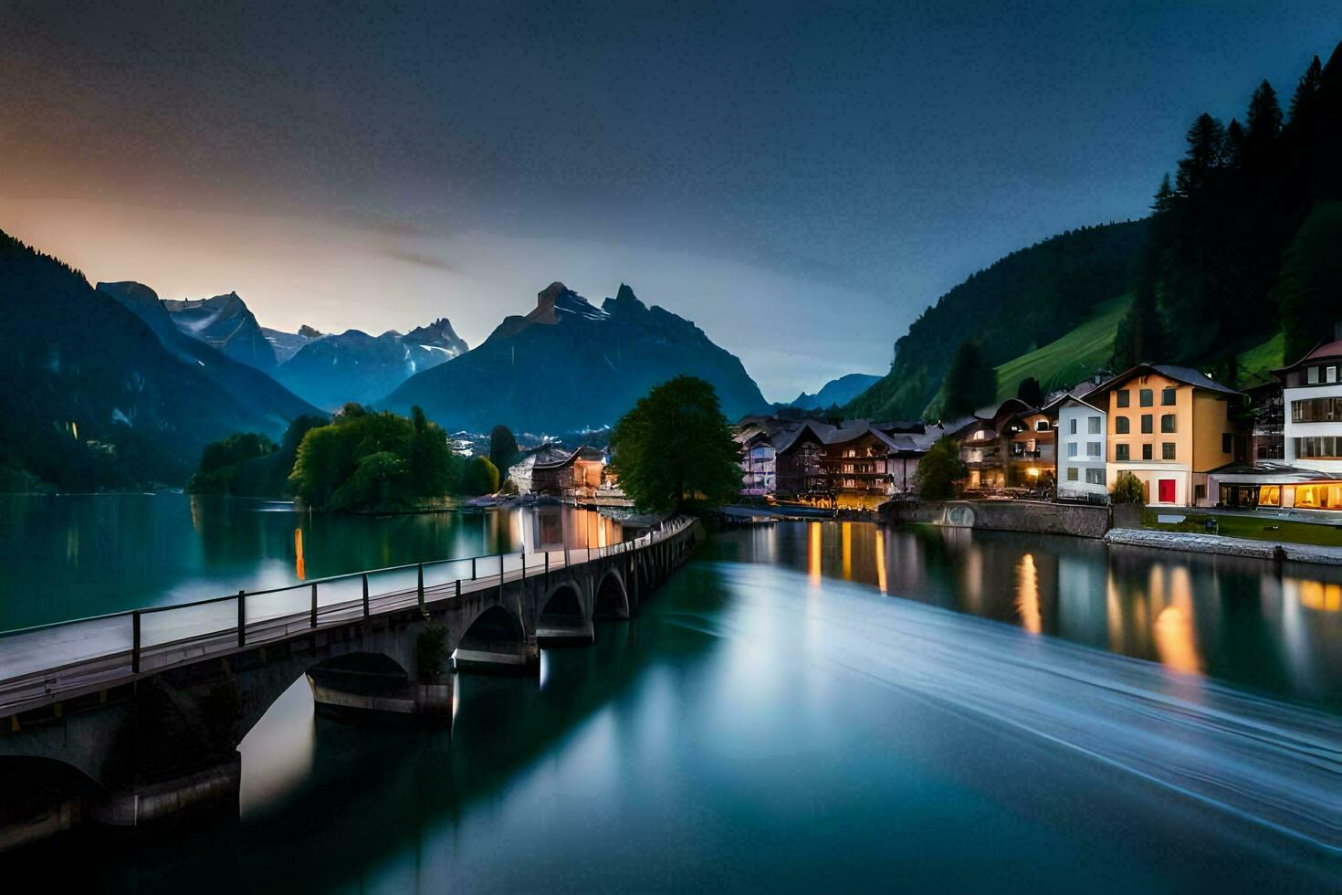 a bridge over a river and mountains at dusk. AI-Generated photo