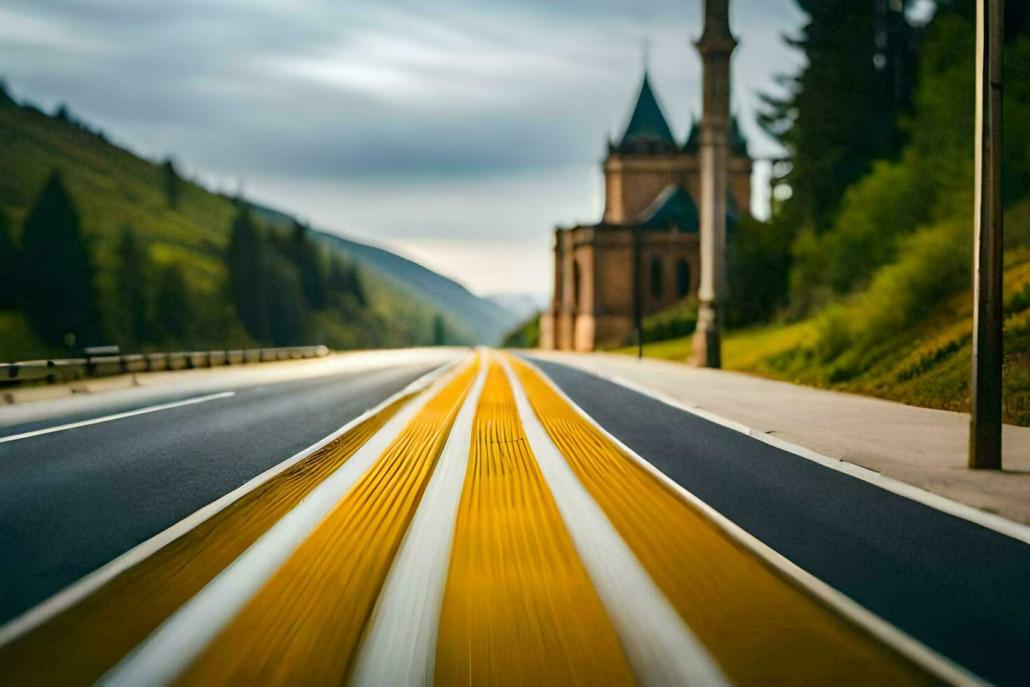 a long exposure photograph of a road with a church in the background. AI-Generated photo