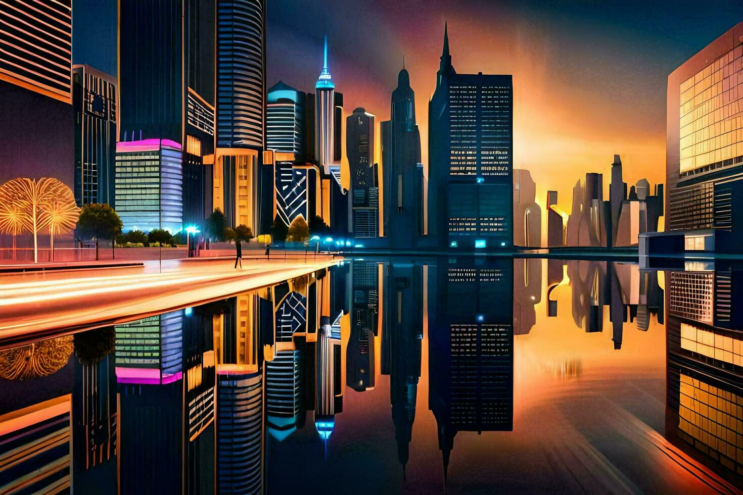 a city at night with lights reflecting off the water. AI-Generated photo